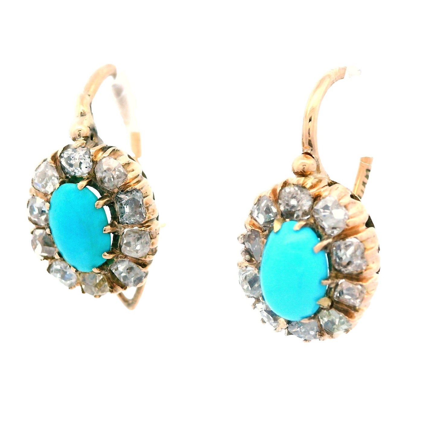 1880 Victorian Russian 14 Karat Gold Turquoise Diamond Drop Earrings
