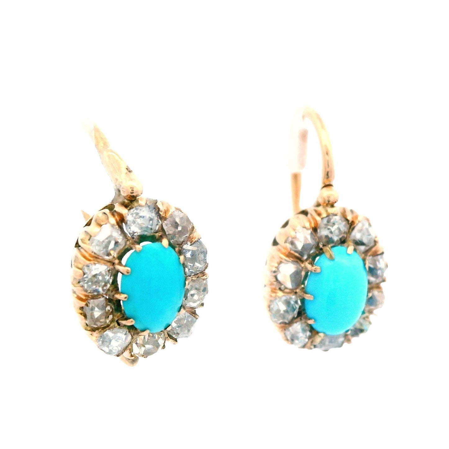 1880 Victorian Russian 14 Karat Gold Turquoise Diamond Drop Earrings