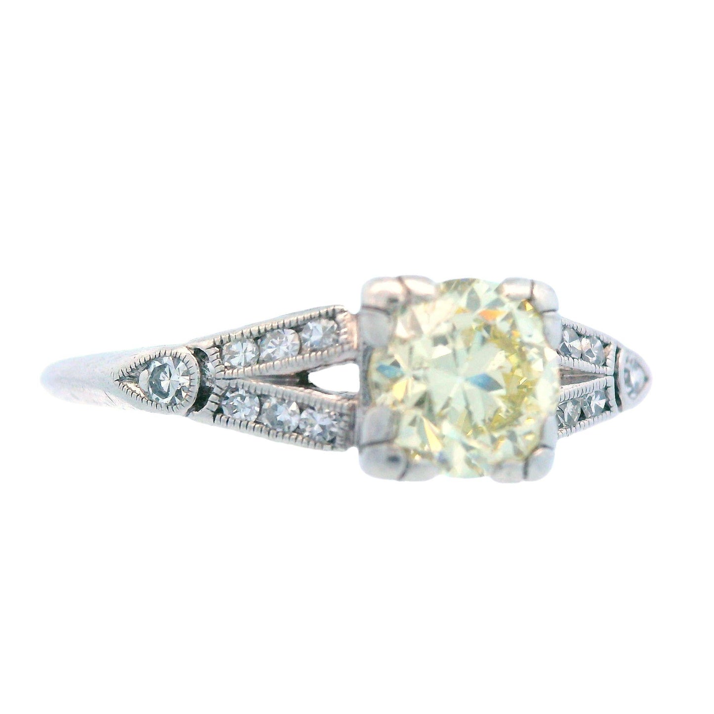 Art Deco Platinum and Fancy Yellow Diamond Engagement Ring