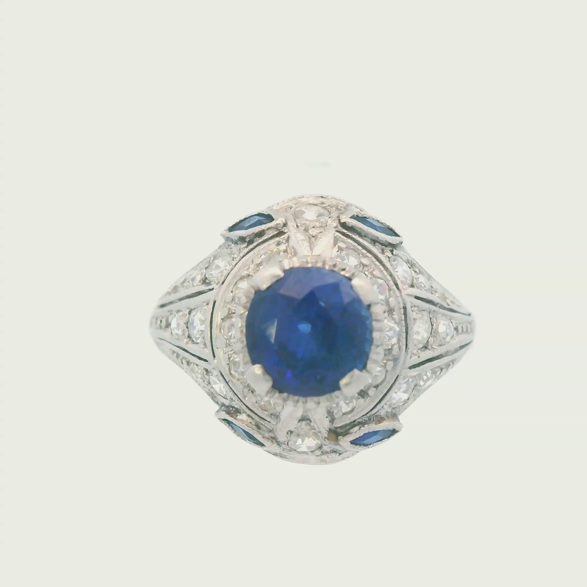 1915 Art Deco Platinum Diamond and Sapphire Ring