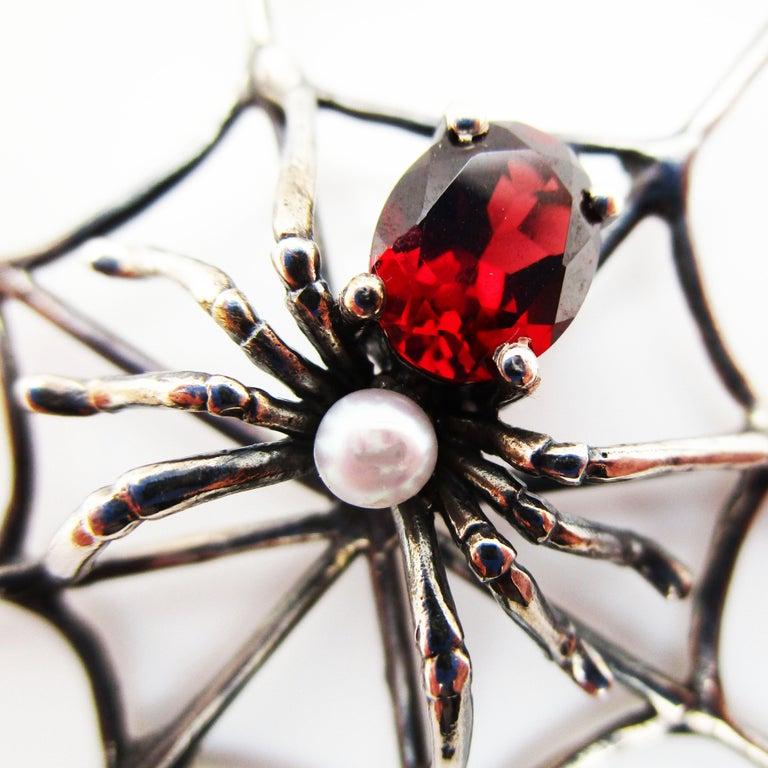 1960s 4 Carat Red Garnet Sterling Silver Handmade Spider Dangle Earrings