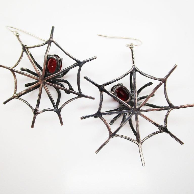 1960s 4 Carat Red Garnet Sterling Silver Handmade Spider Dangle Earrings
