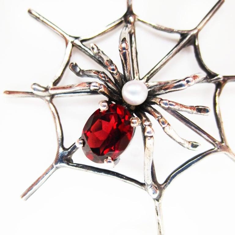 1960s 4 Carat Red Garnet Sterling Silver Handmade Spider Dangle Earrings