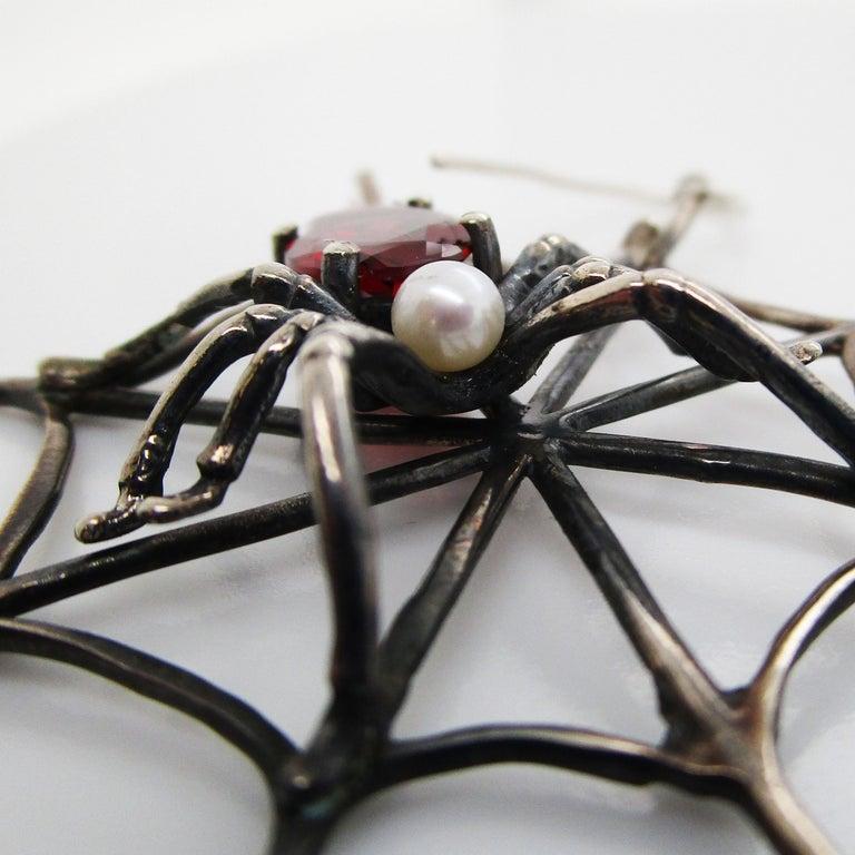 1960s 4 Carat Red Garnet Sterling Silver Handmade Spider Dangle Earrings