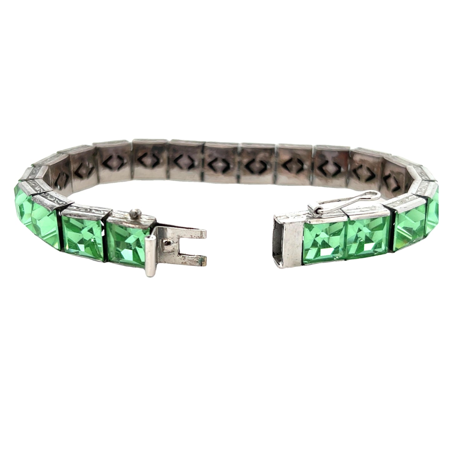 1925 Art Deco H&O Sterling Silver and Uranium Glass Bracelet