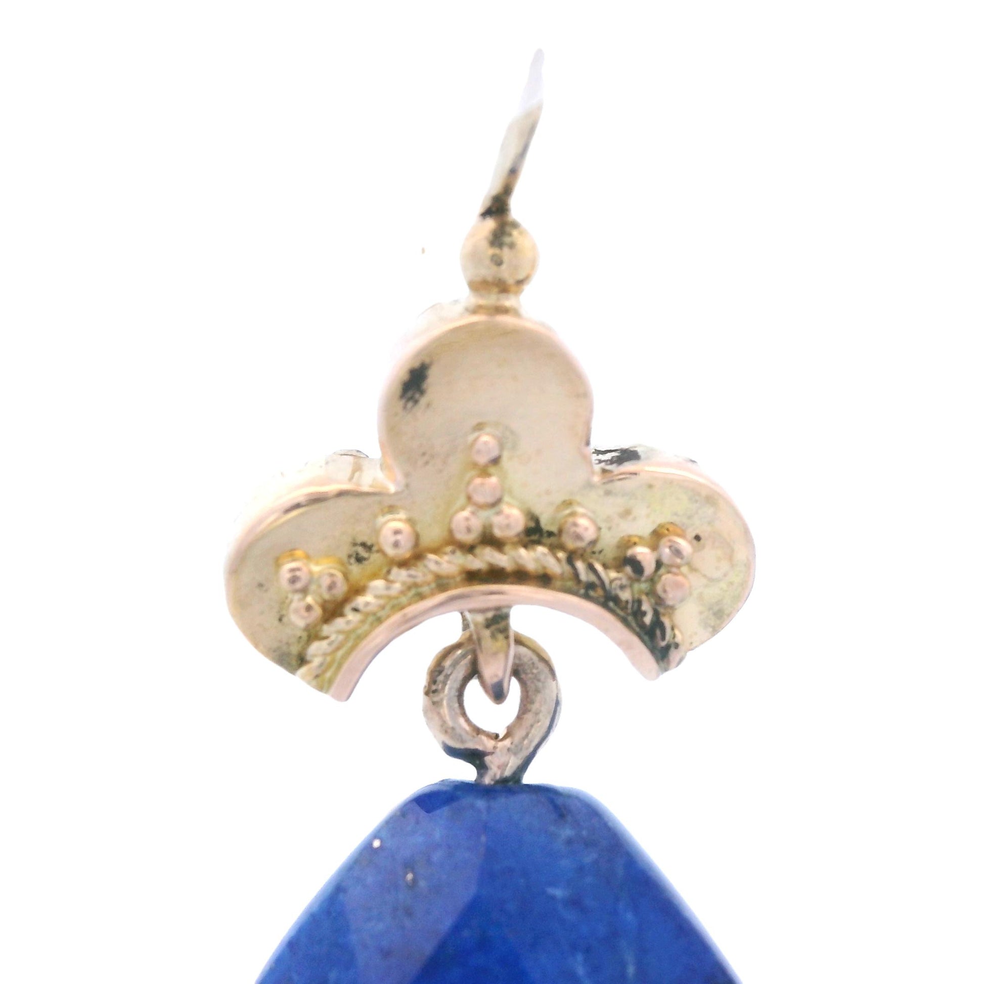 1880 Etruscan 18k Yellow Gold Lapis Lazuli Drop Earrings