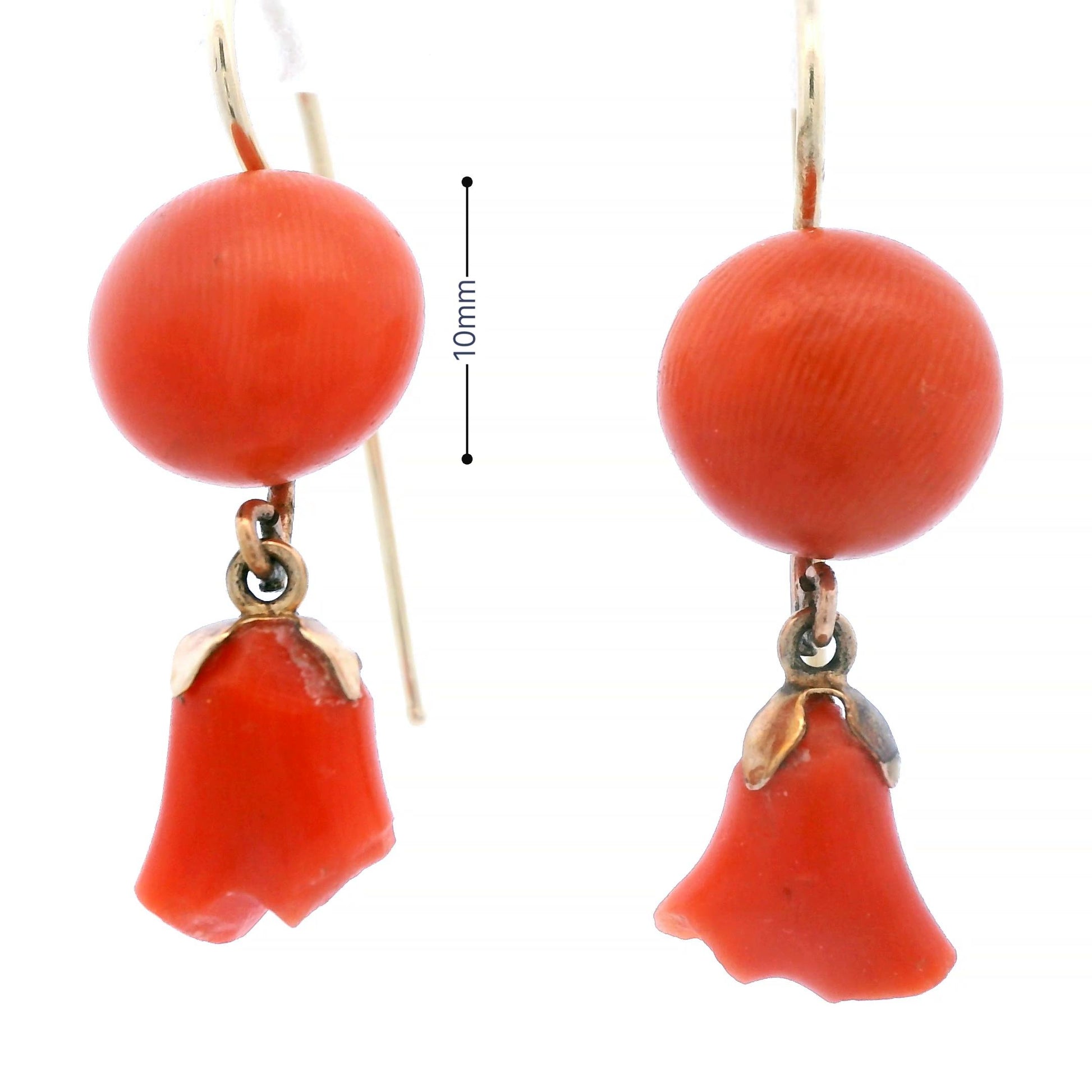 1890 Victorian 14k Yellow Gold Natural Coral Floral Earrings