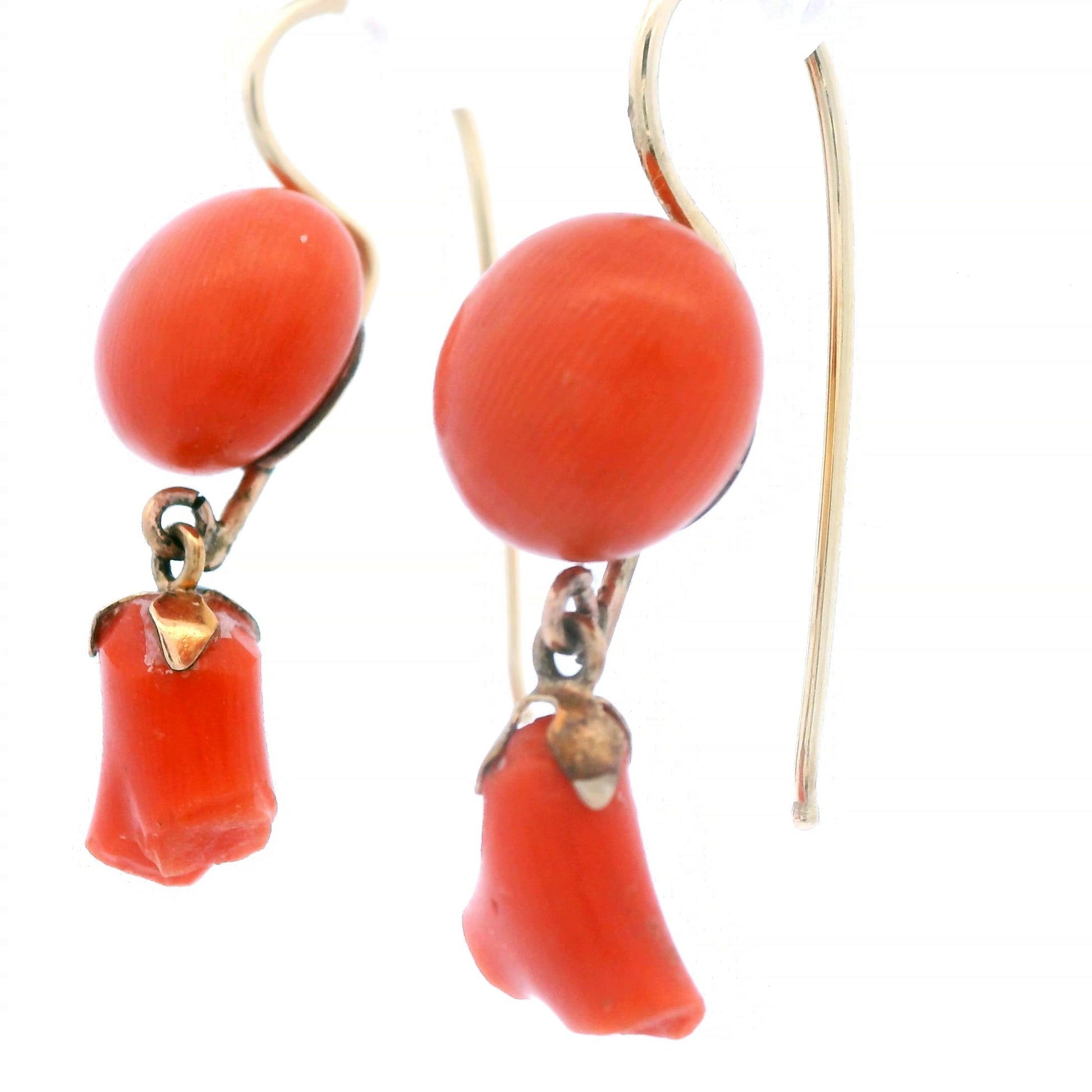 1890 Victorian 14k Yellow Gold Natural Coral Floral Earrings