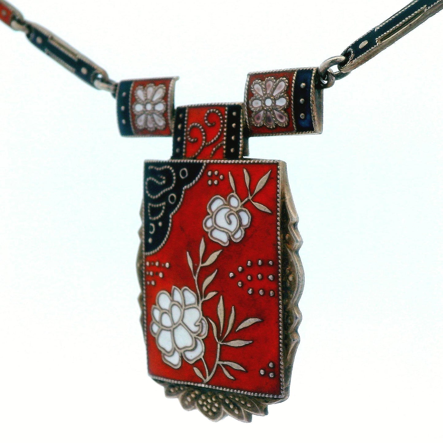 1910 Art Noveau Red, Black and White Enamel Sterling Silver Necklace