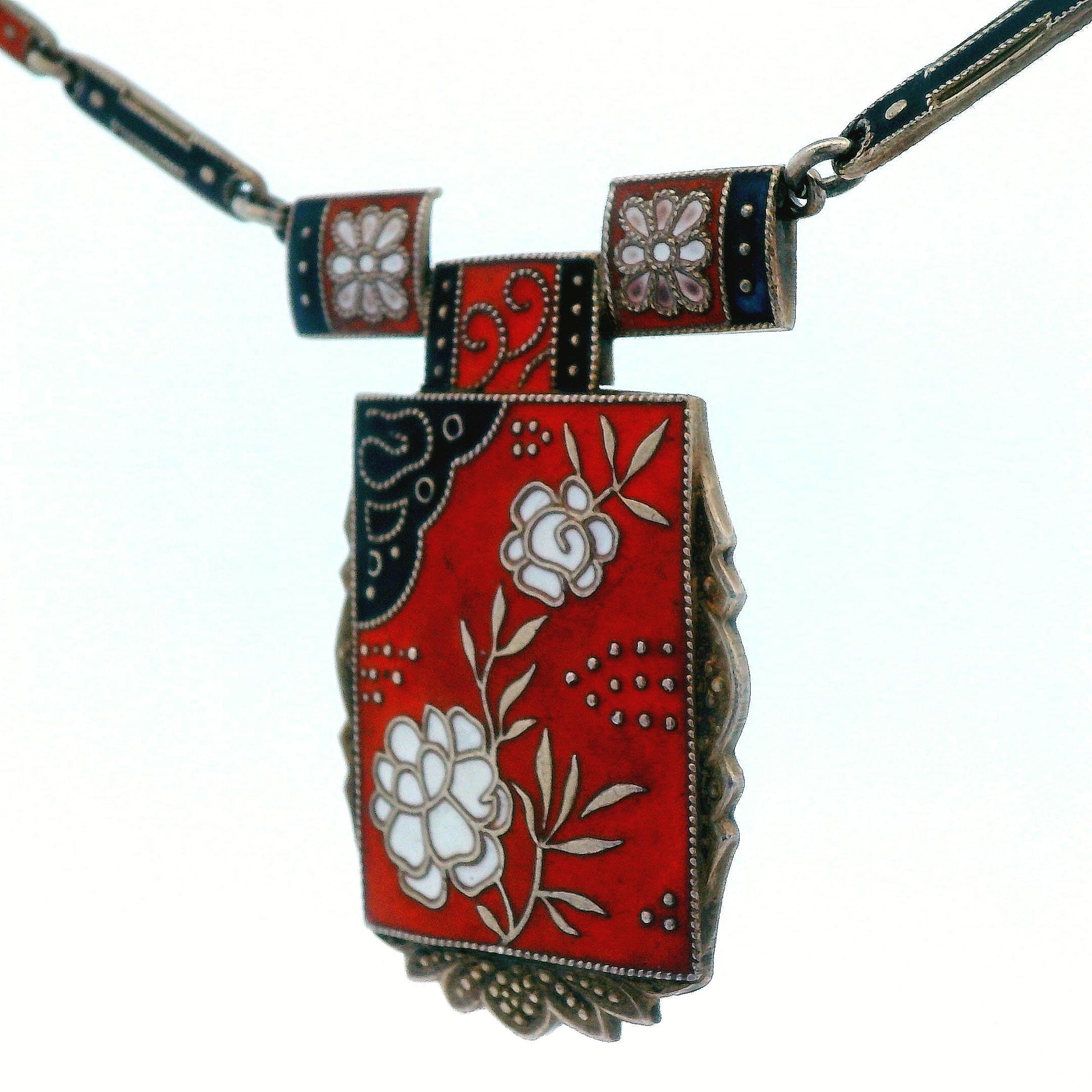 1910 Art Noveau Red, Black and White Enamel Sterling Silver Necklace