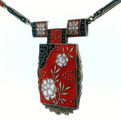 1910 Art Noveau Red, Black and White Enamel Sterling Silver Necklace