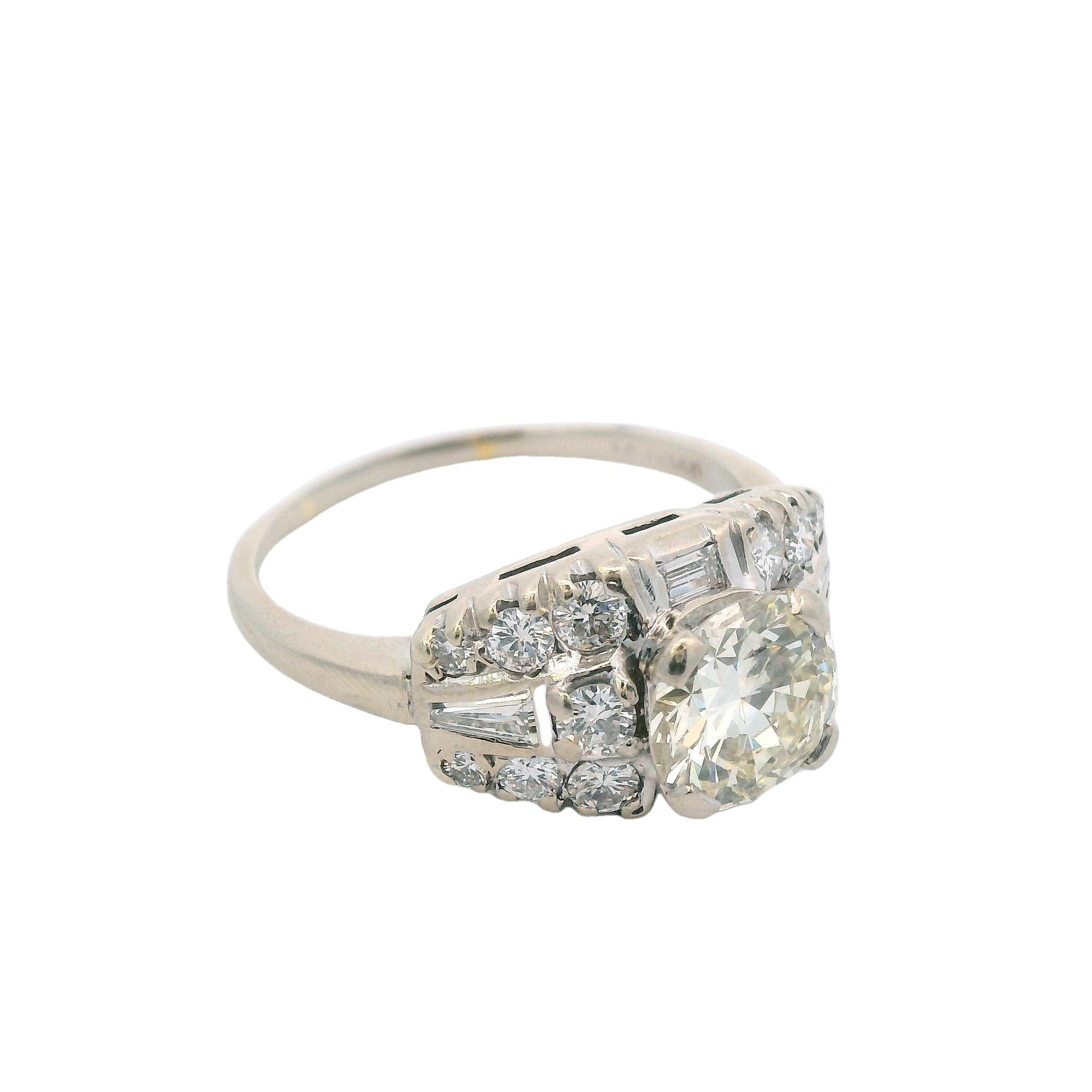 1950s Deco 14k White Gold and Round/Baguette Diamond Ring