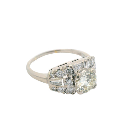 1950s Deco 14k White Gold and Round/Baguette Diamond Ring