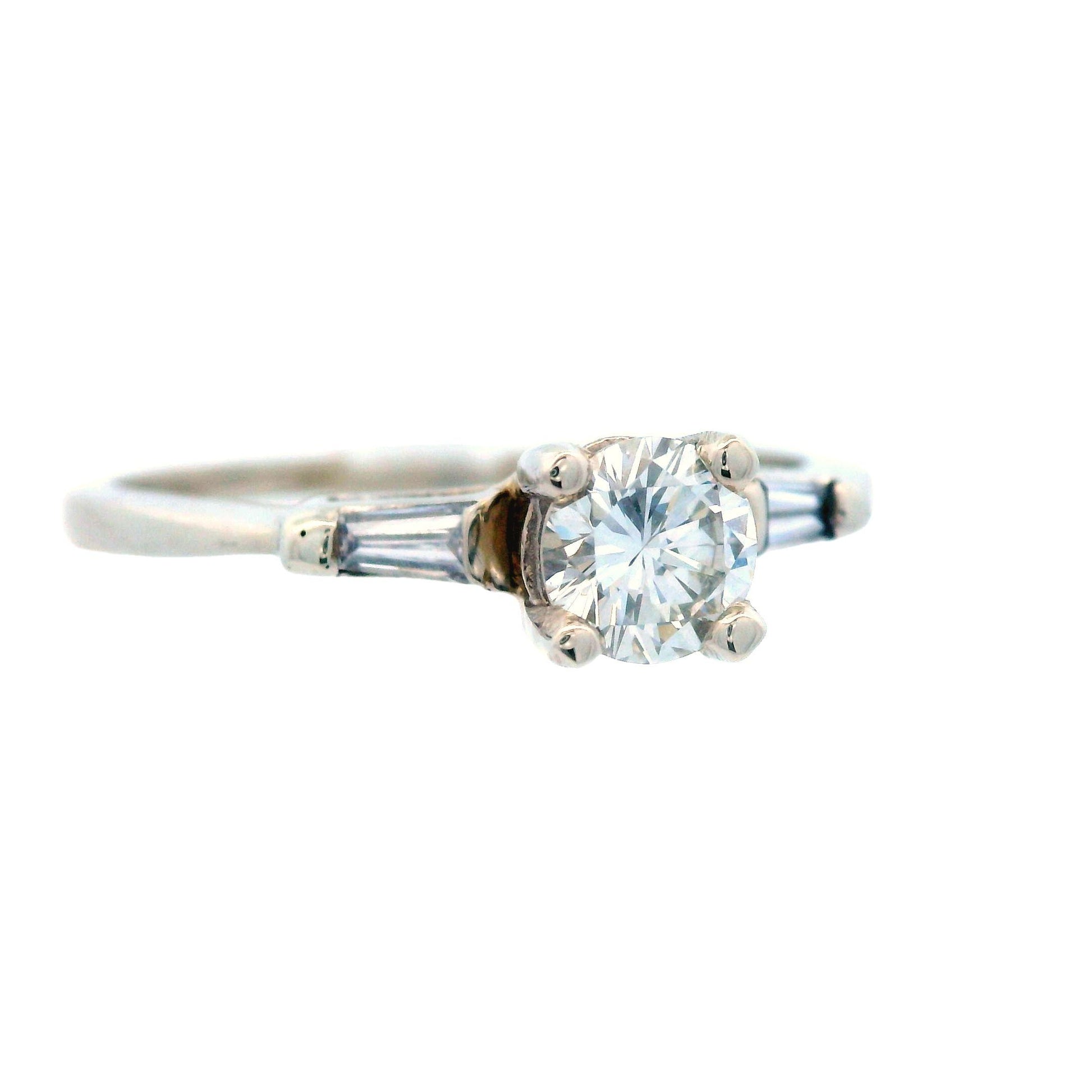 Retro 1960s 14k White Gold Baguette and Round Diamond Ring