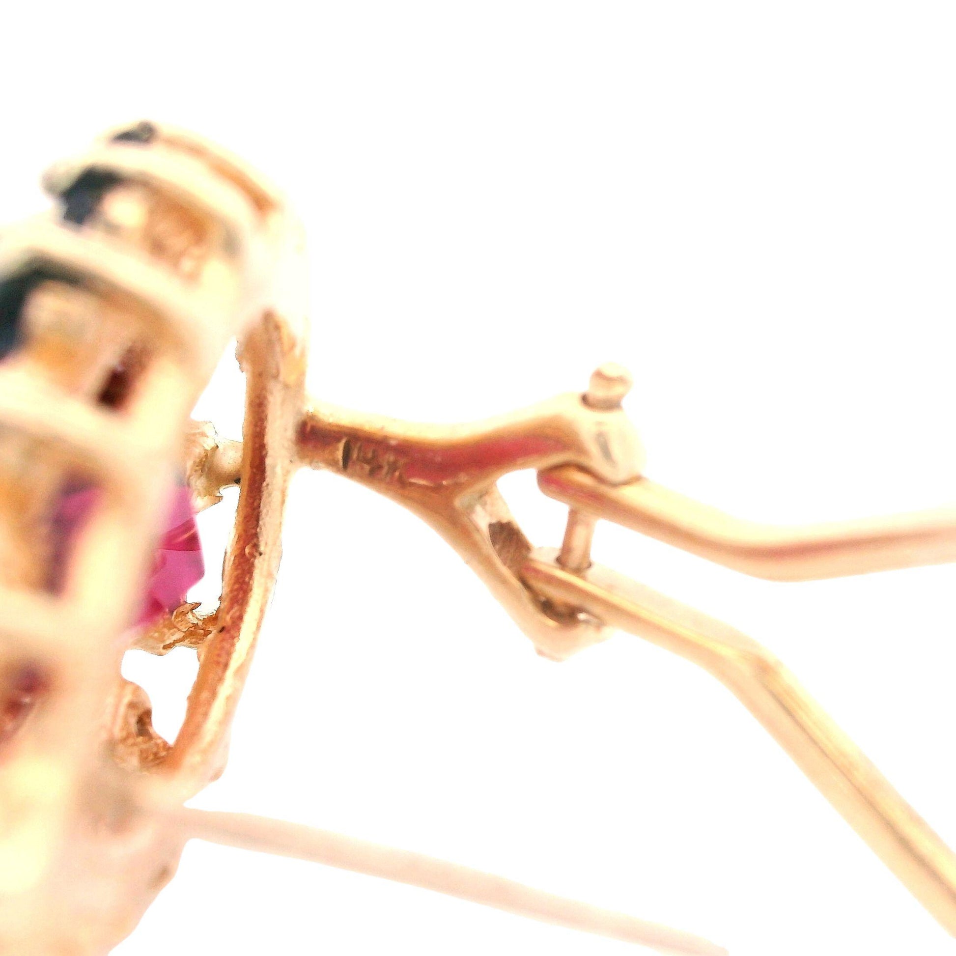 1980s 14K Yellow Gold Natural Reddish Pink Tourmaline and Blue Sapphire Earrings