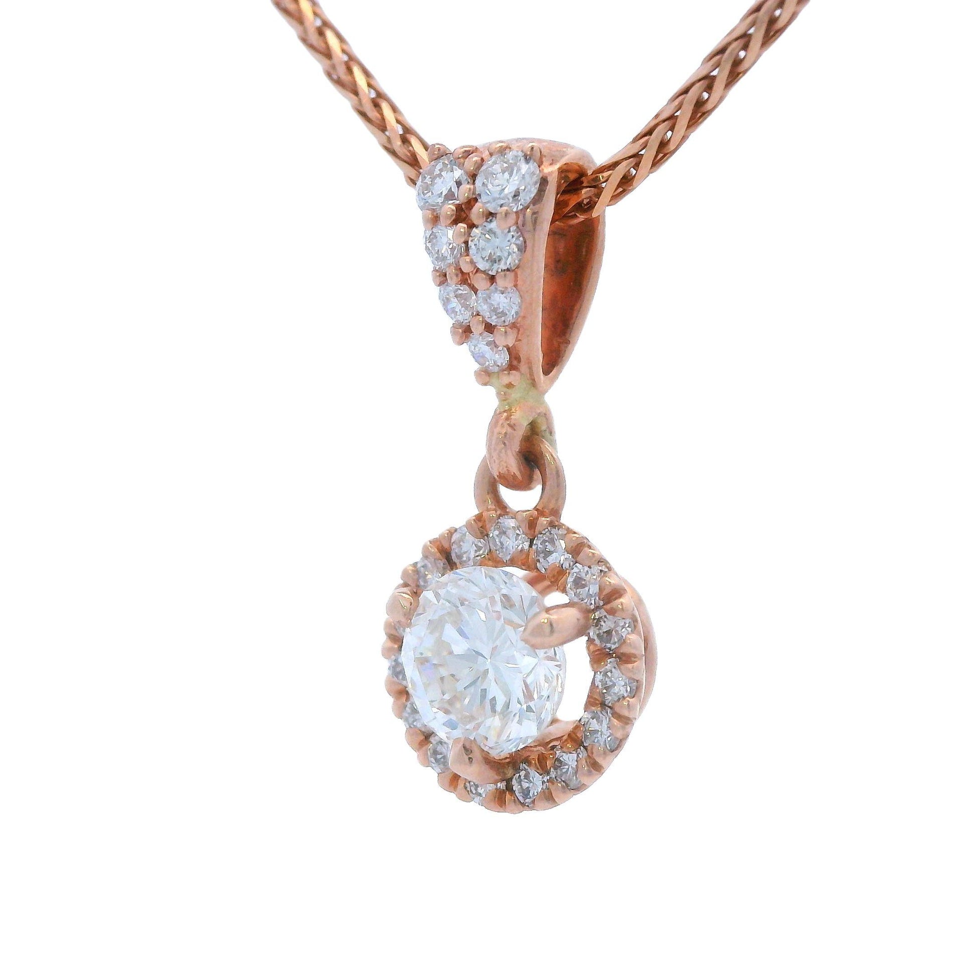 Contemporary 14k Rose Gold Diamond Drop Pendant w/ 18" Wheat Chain