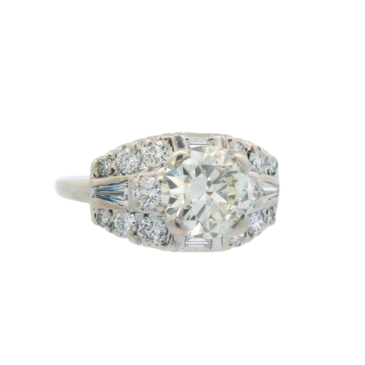 1950s Deco 14k White Gold and Round/Baguette Diamond Ring