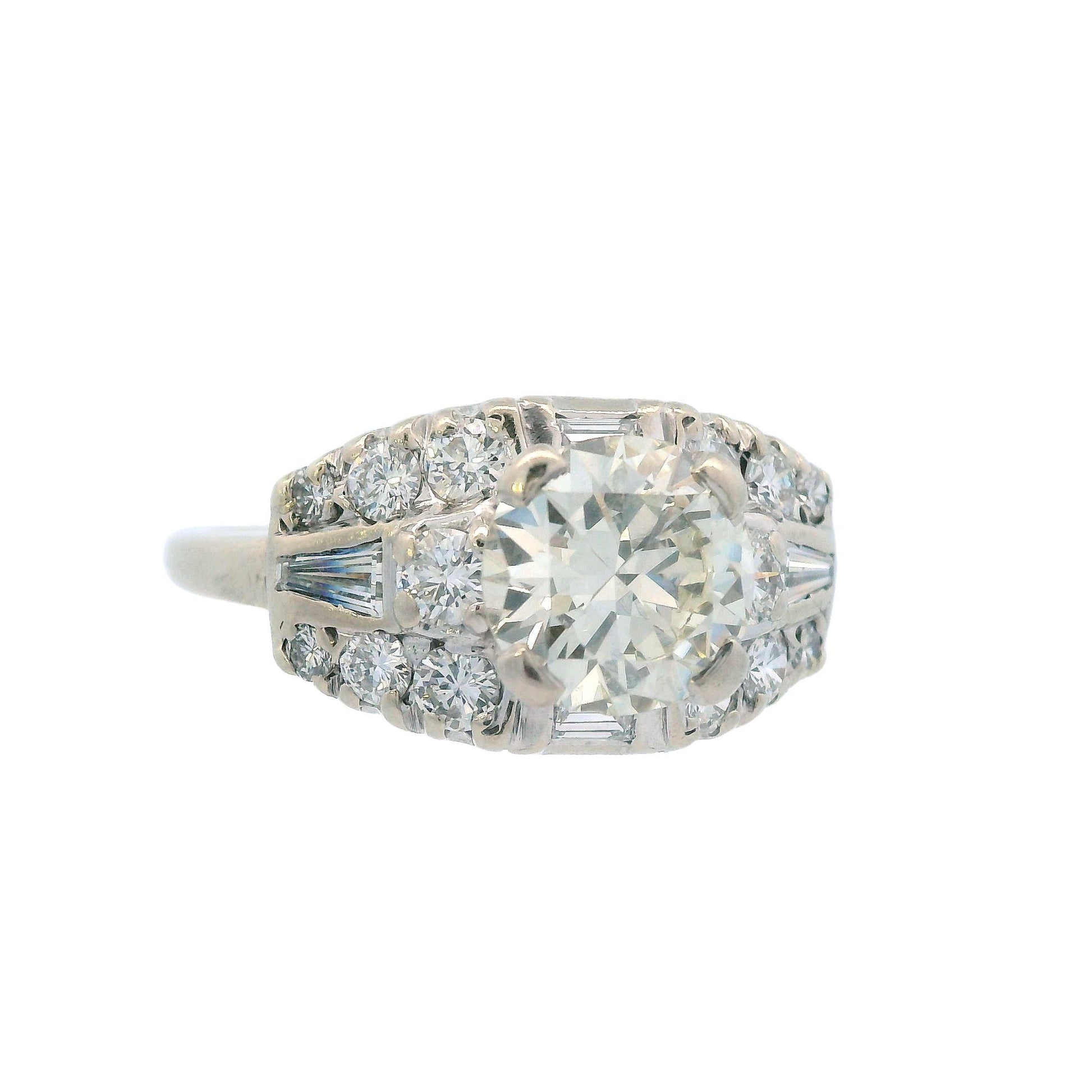 1950s Deco 14k White Gold and Round/Baguette Diamond Ring