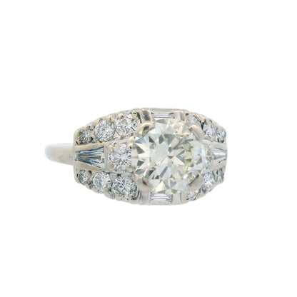 1950s Deco 14k White Gold and Round/Baguette Diamond Ring
