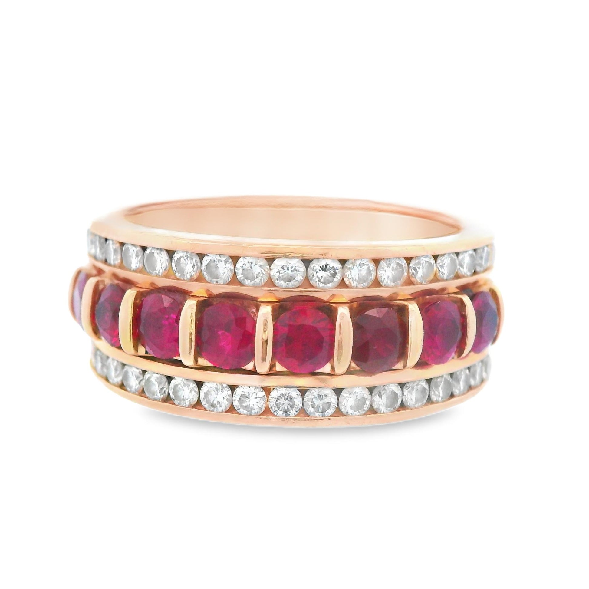 Front view of a 14K yellow gold ruby and diamond band ring, showcasing brilliant rubies and sparkling diamonds in an elegant, timeless design, in Lexington, Kentucky