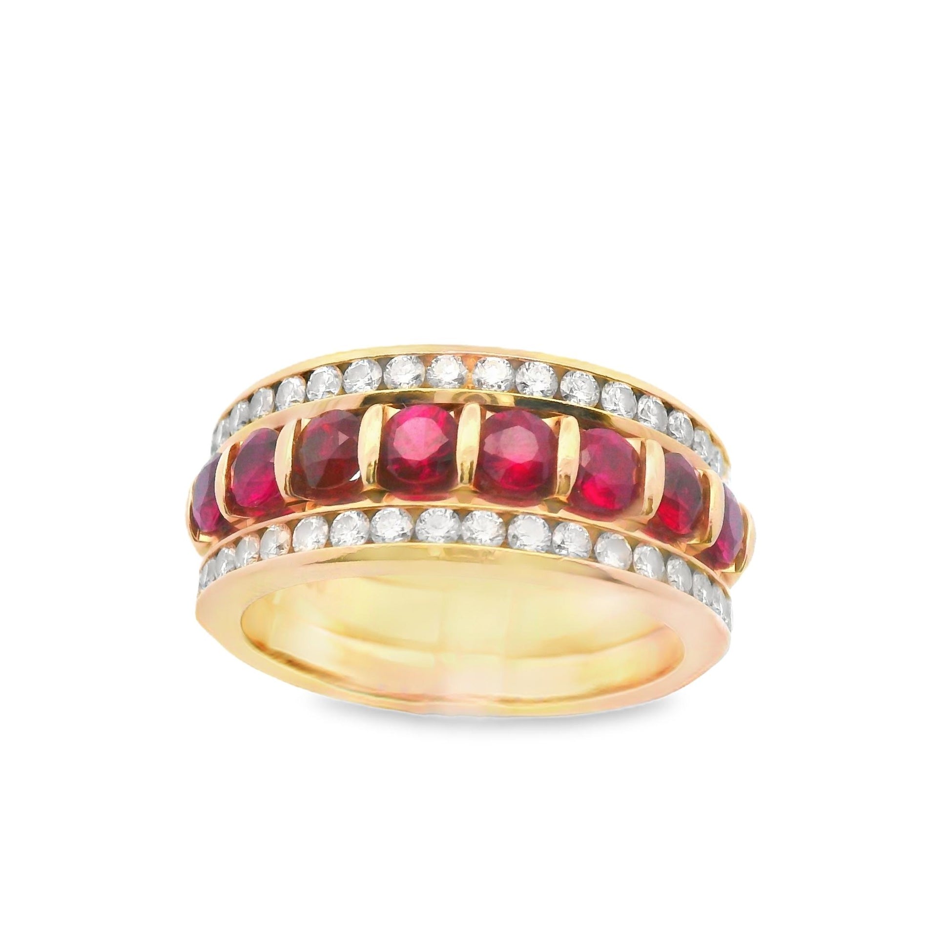 Model wearing the 14K yellow gold ruby and diamond band ring, displaying its perfect fit and luxurious design, available in Lexington, Kentucky.