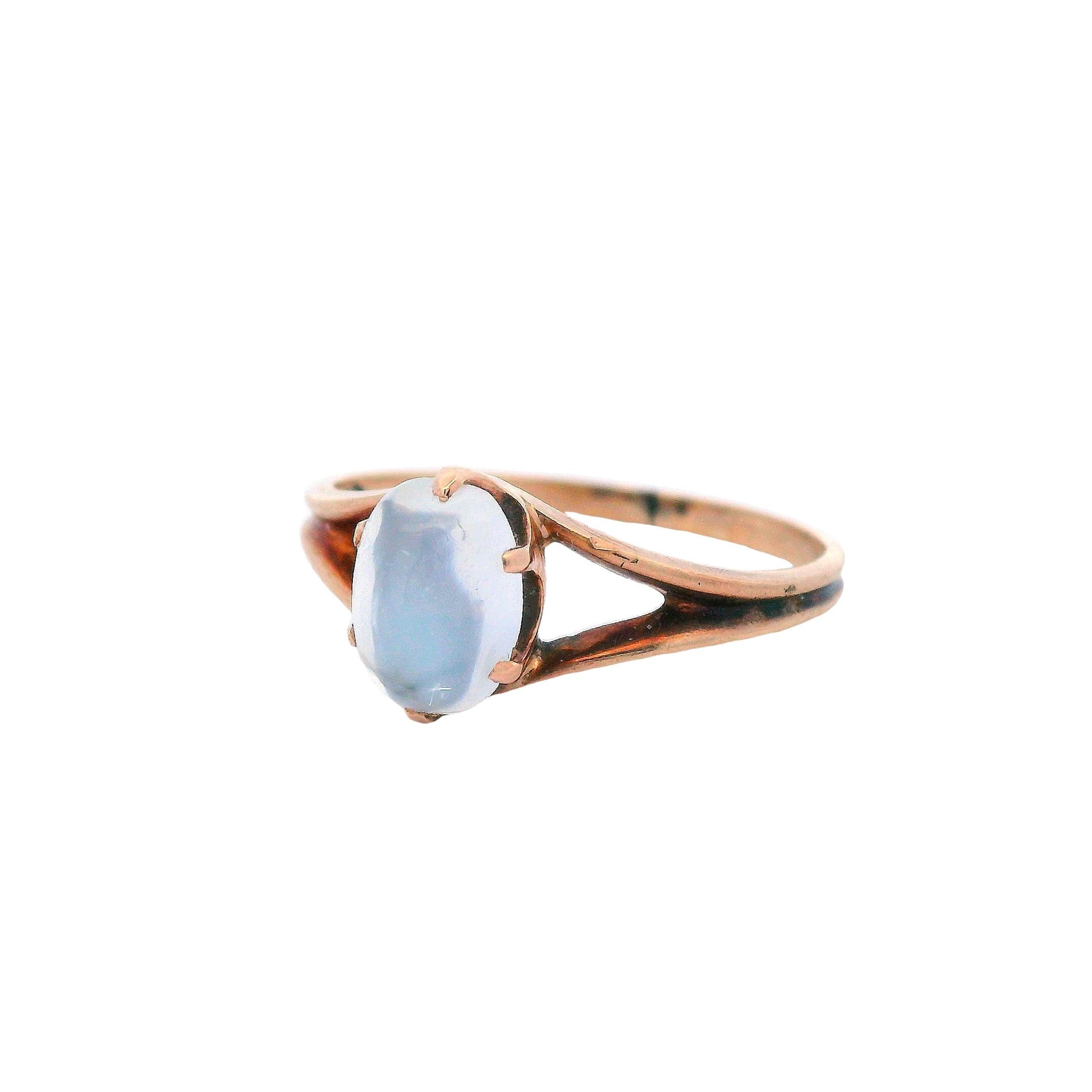 Side view of the 14k rose gold Victorian ring, showcasing its intricate band design and vintage craftsmanship.