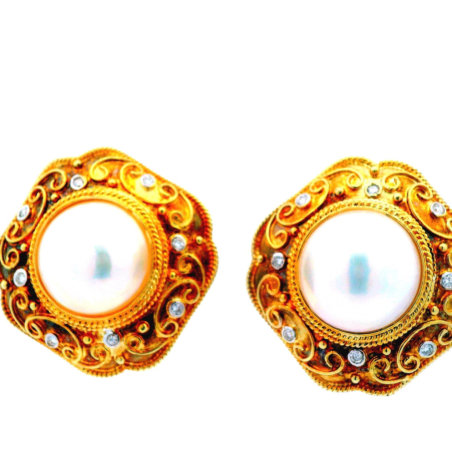 14K Yellow Gold 14.5mm Mabe Peal and Diamond Earrings