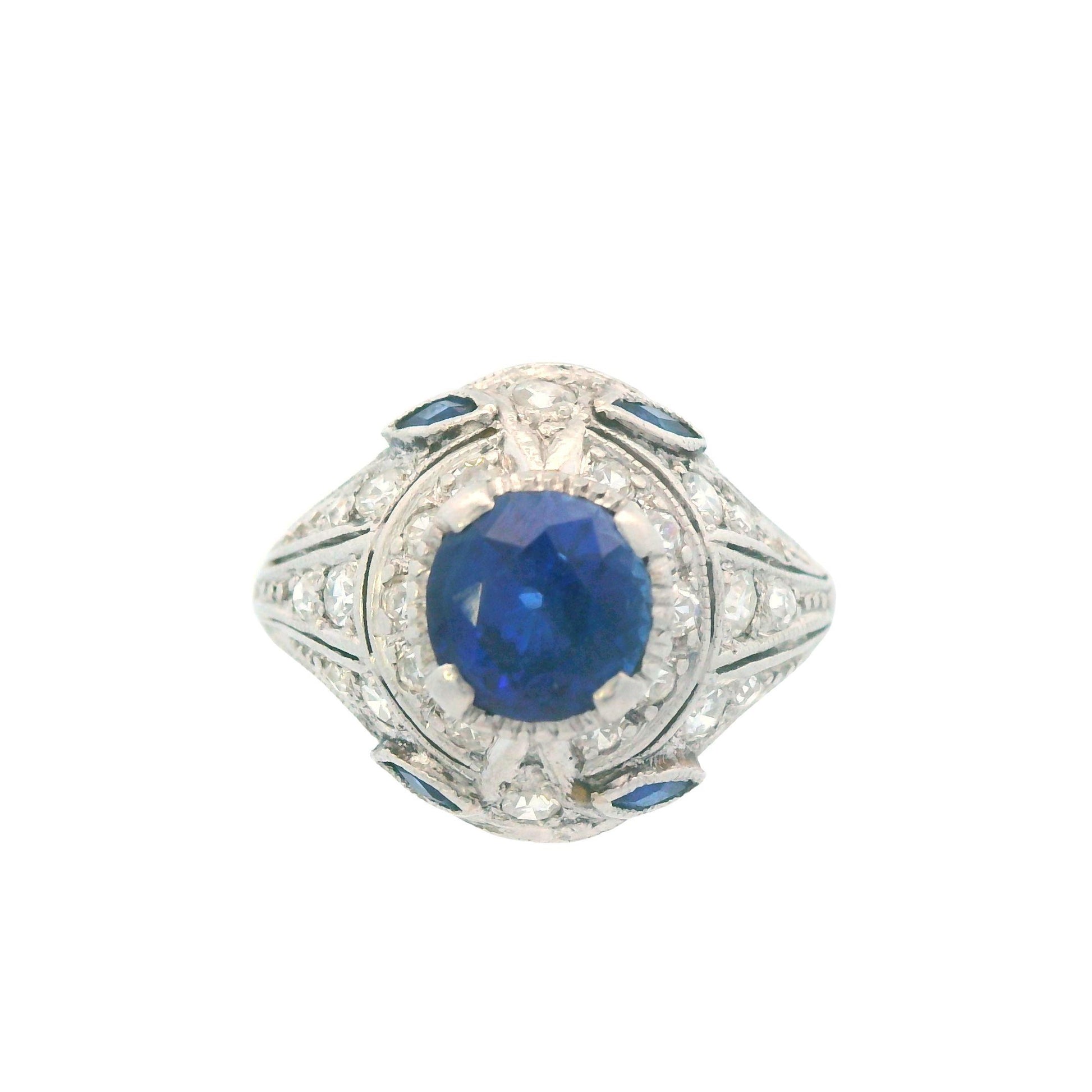 1915 Art Deco Platinum Diamond and Sapphire Ring