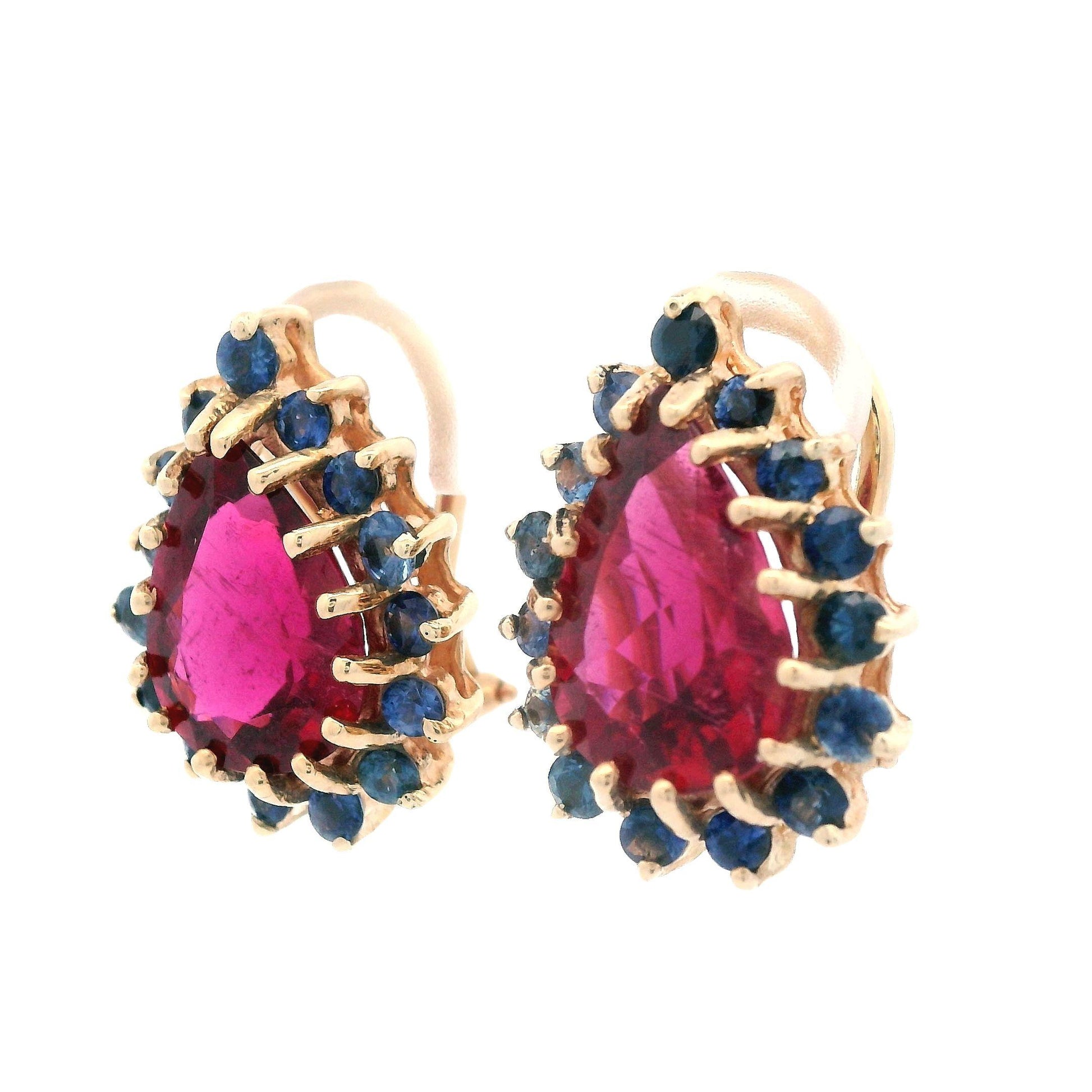 1980s 14K Yellow Gold Natural Reddish Pink Tourmaline and Blue Sapphire Earrings