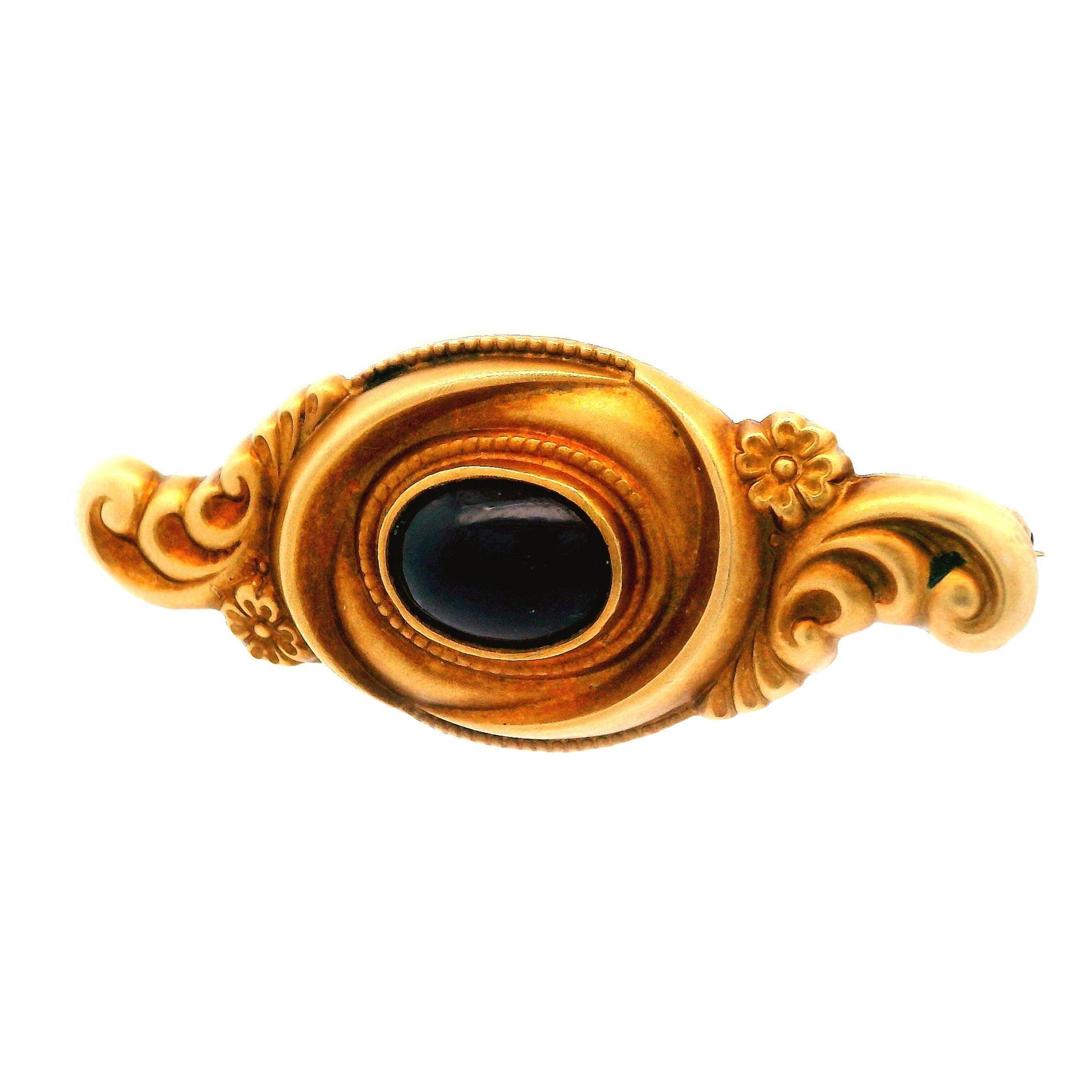 14K Yellow Gold Art Nouveau Cabochon Garnet Pin