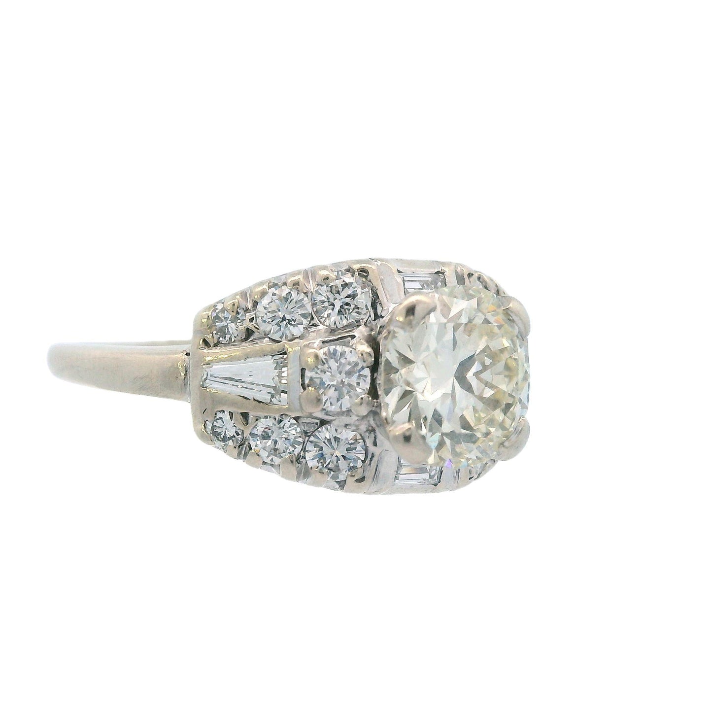 1950s Deco 14k White Gold and Round/Baguette Diamond Ring