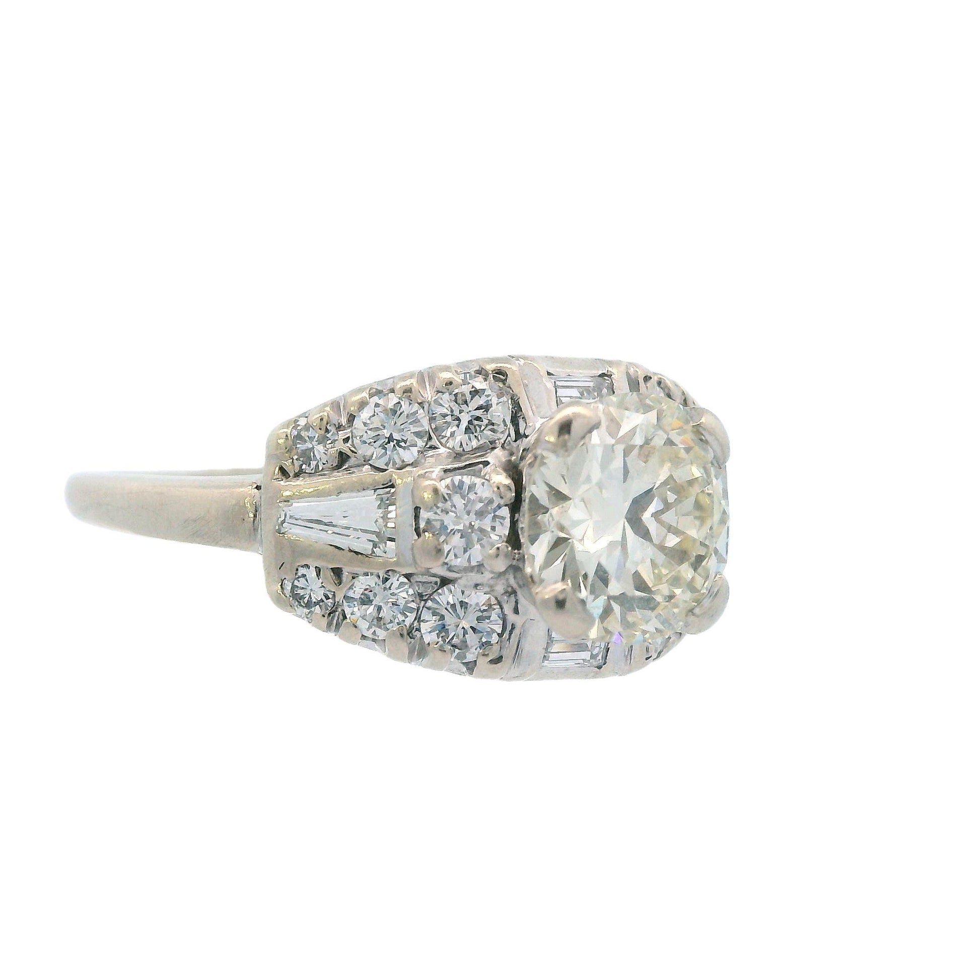 1950s Deco 14k White Gold and Round/Baguette Diamond Ring