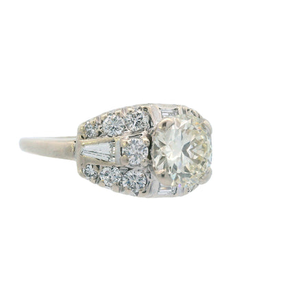 1950s Deco 14k White Gold and Round/Baguette Diamond Ring