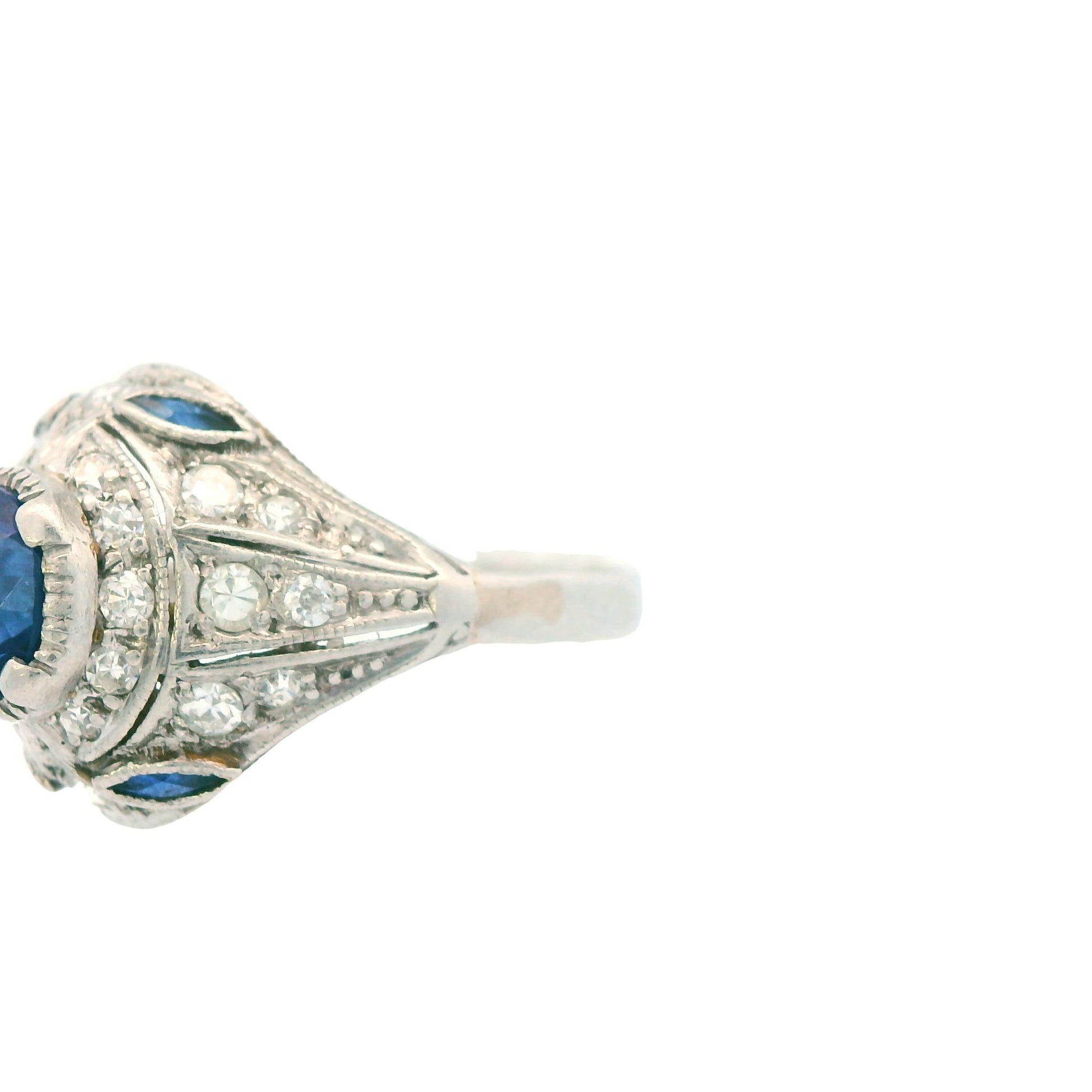 1915 Art Deco Platinum Diamond and Sapphire Ring