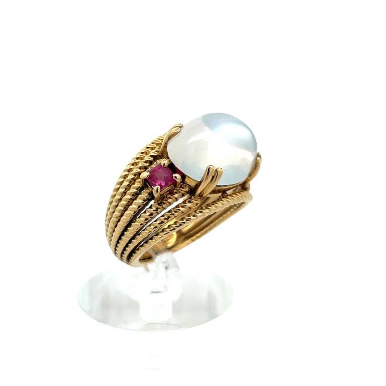 18K Yellow Gold Contemporary-Designer handmade Moonstone & RED Ruby Ring