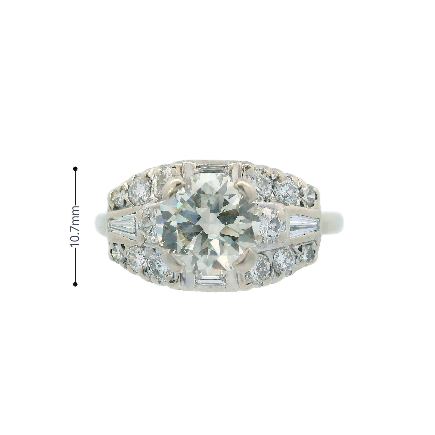 1950s Deco 14k White Gold and Round/Baguette Diamond Ring