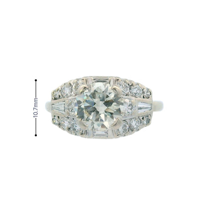1950s Deco 14k White Gold and Round/Baguette Diamond Ring