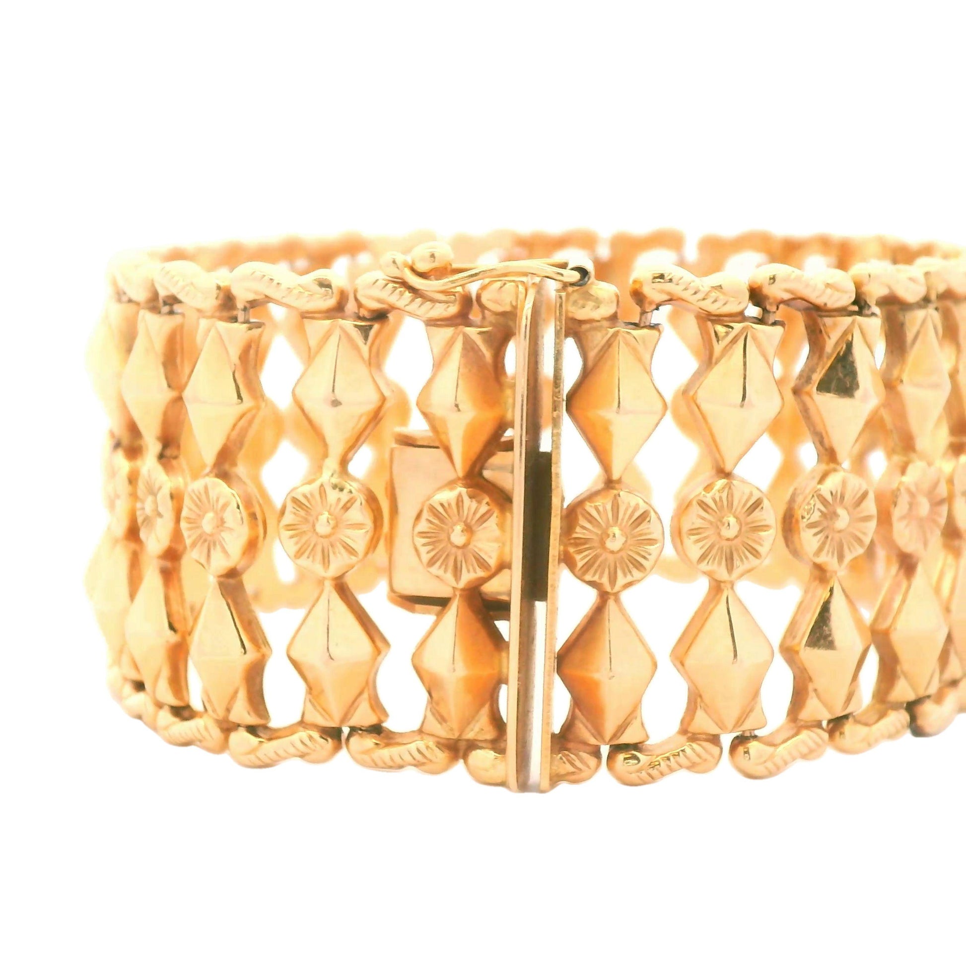 1950s 18k Yellow Gold Italian Fancy Link Bracelet 1 Inch Wide