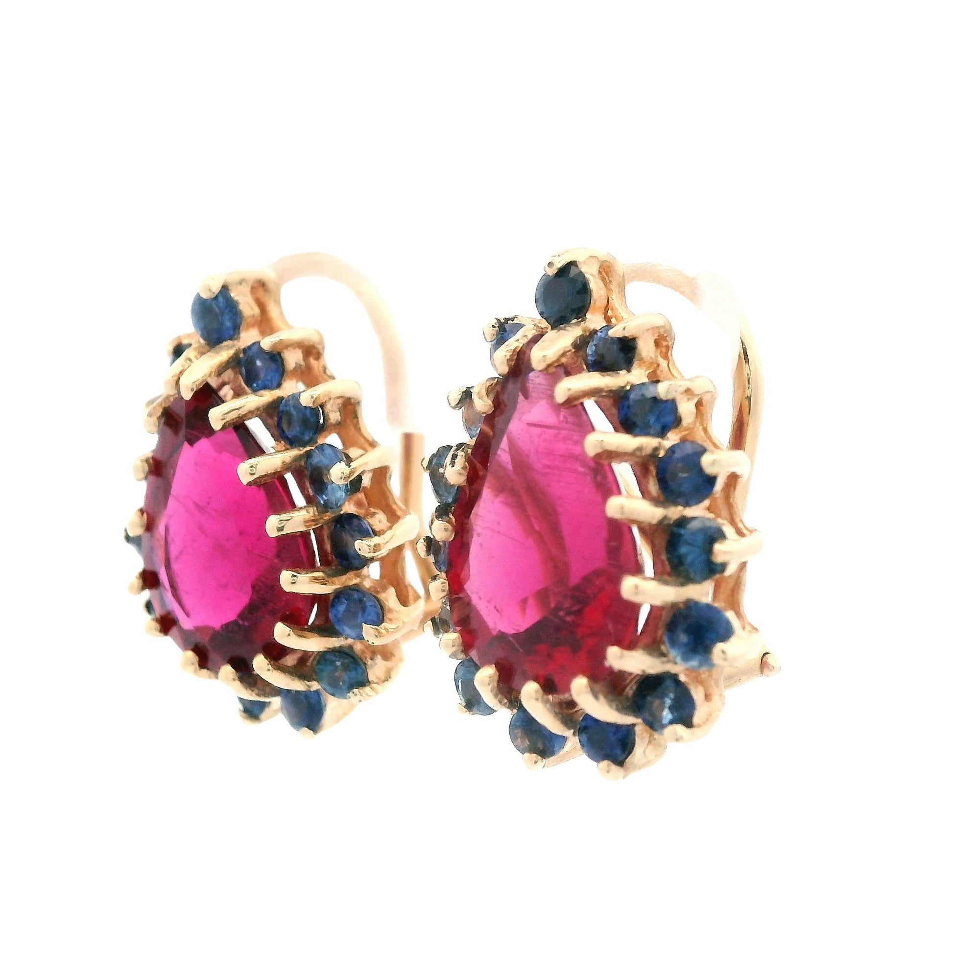 1980s 14K Yellow Gold Natural Reddish Pink Tourmaline and Blue Sapphire Earrings