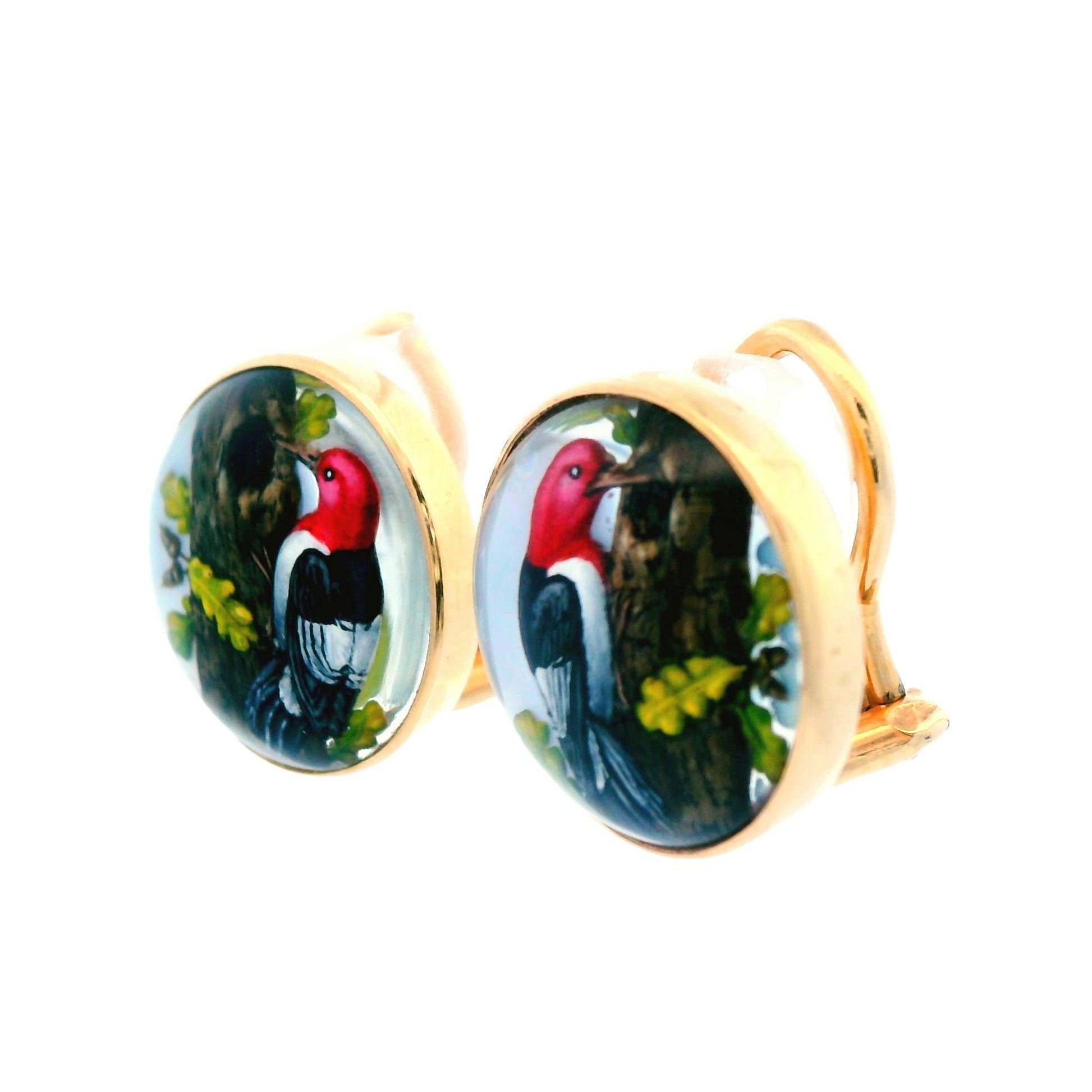 14K Yellow Gold Essex Crystal Reversed Carved & Painted Quartz Earrings