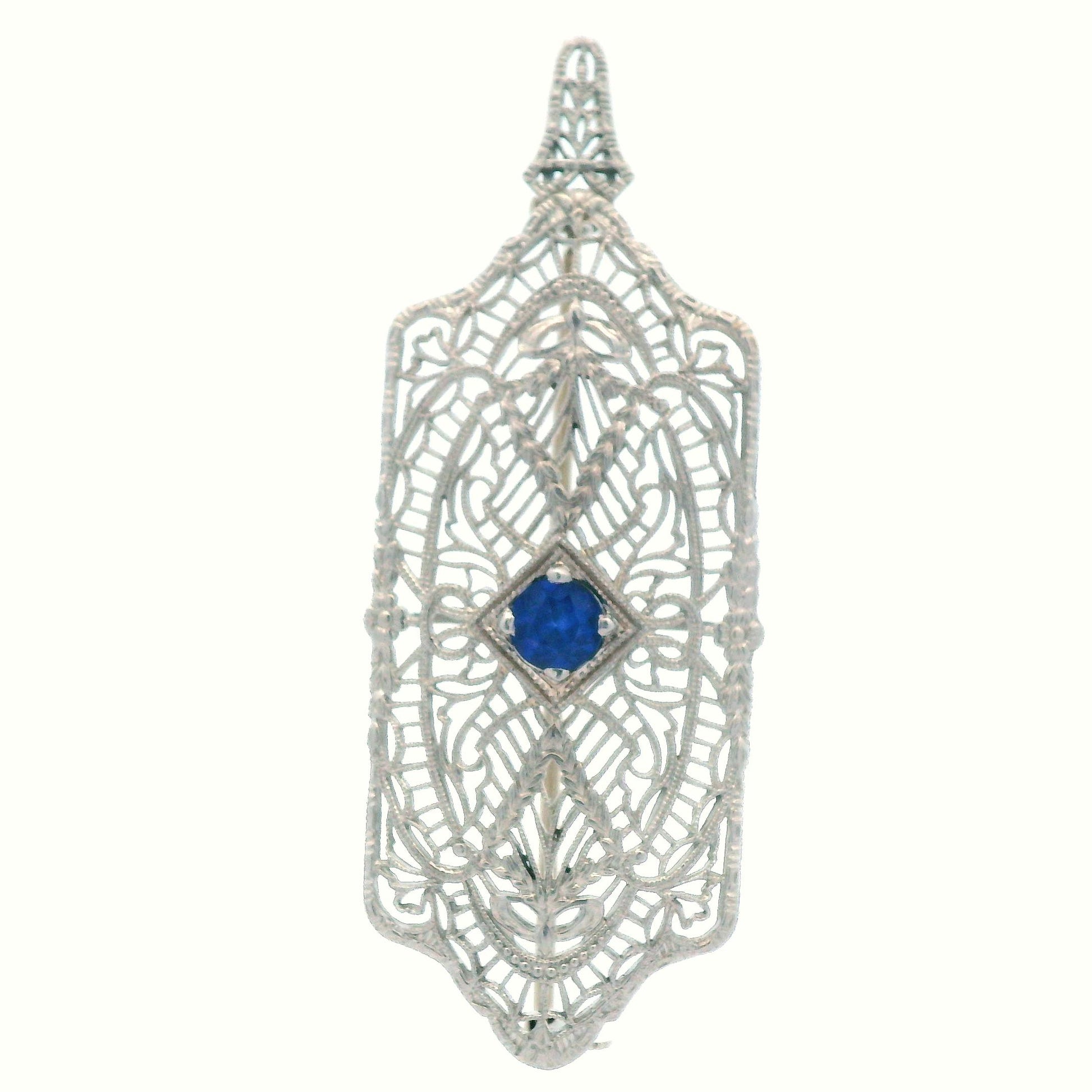 1920's Filigree Platinum Over 14K WG Gold Bright Blue Sapphire Pin/Pendant