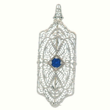 1920's Filigree Platinum Over 14K WG Gold Bright Blue Sapphire Pin/Pendant