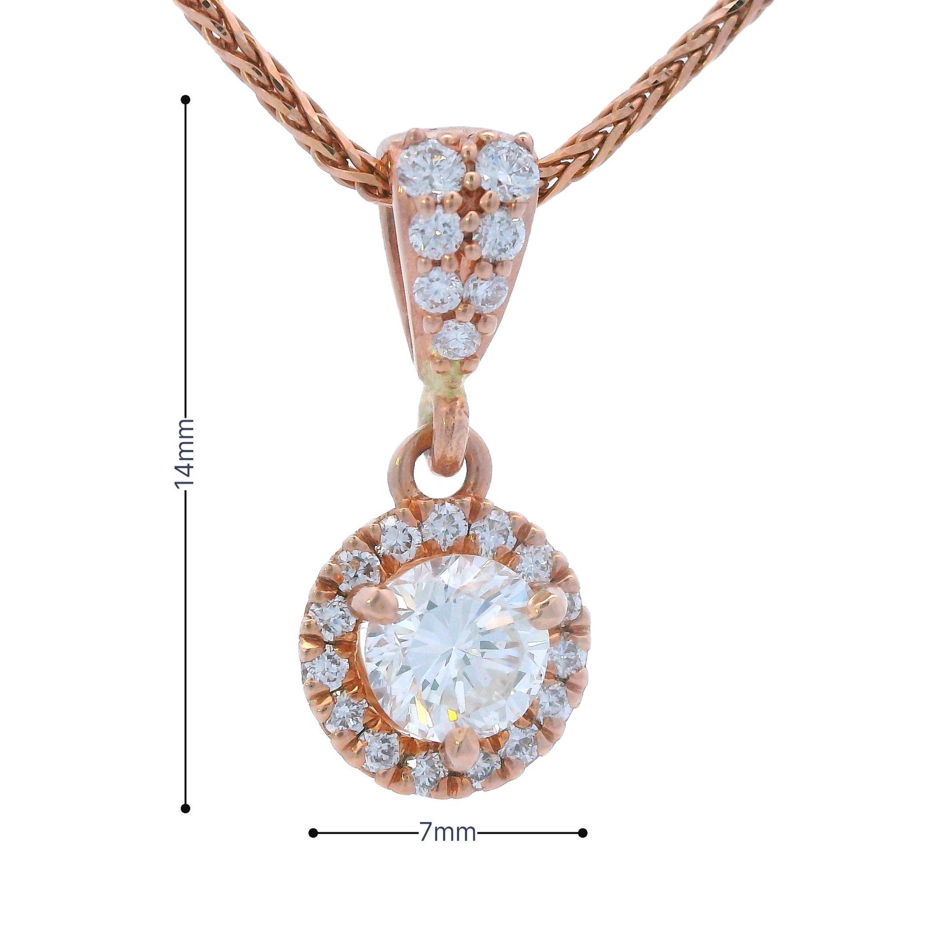 Contemporary 14k Rose Gold Diamond Drop Pendant w/ 18" Wheat Chain
