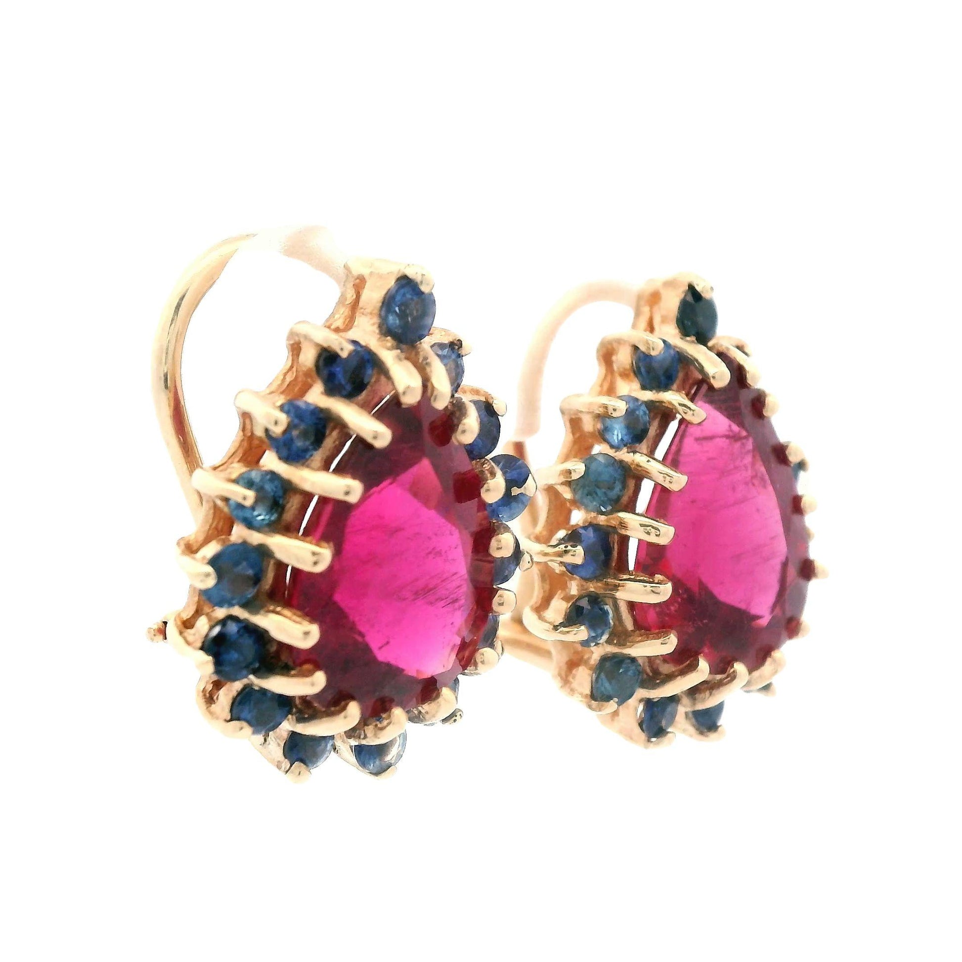 1980s 14K Yellow Gold Natural Reddish Pink Tourmaline and Blue Sapphire Earrings