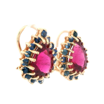 1980s 14K Yellow Gold Natural Reddish Pink Tourmaline and Blue Sapphire Earrings