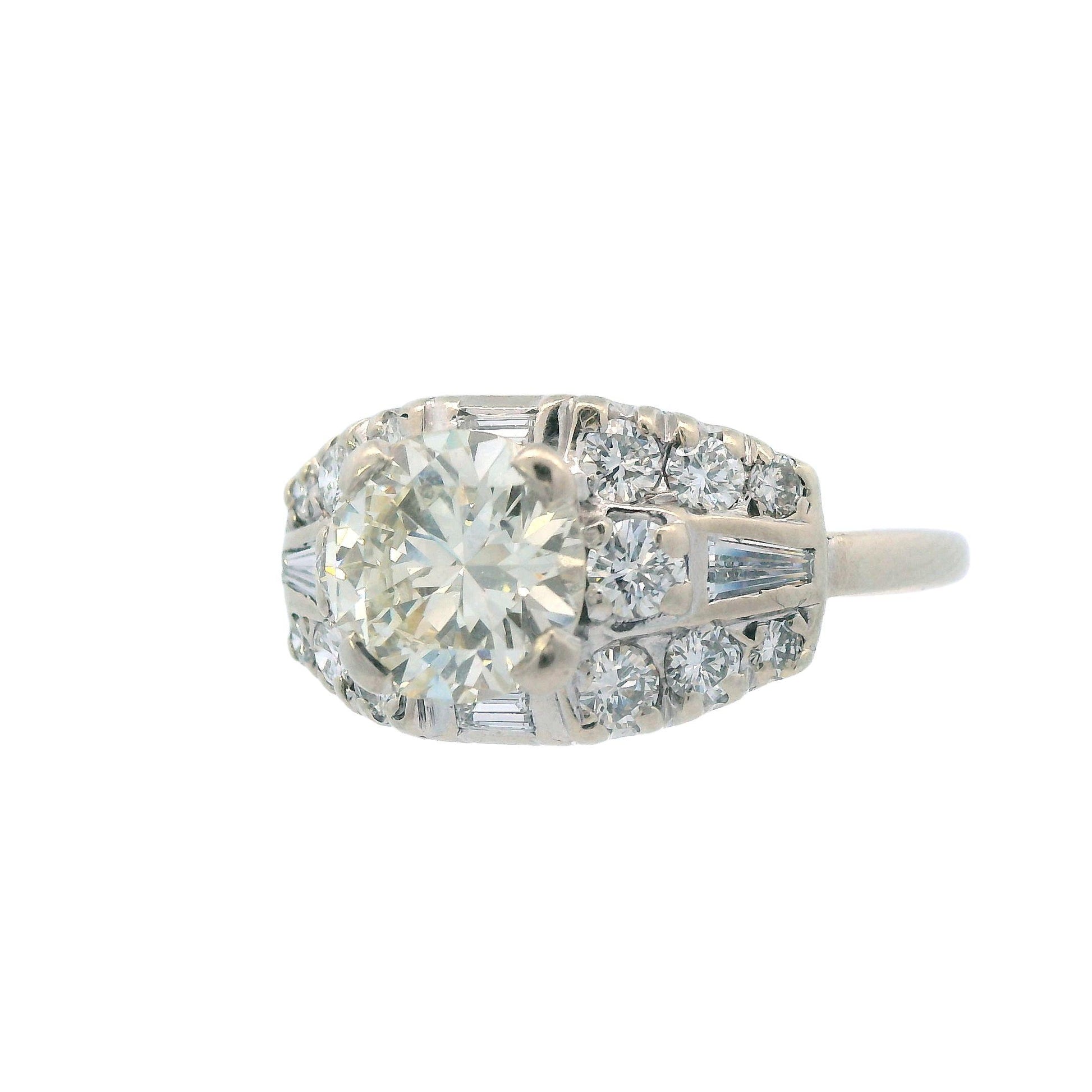 1950s Deco 14k White Gold and Round/Baguette Diamond Ring
