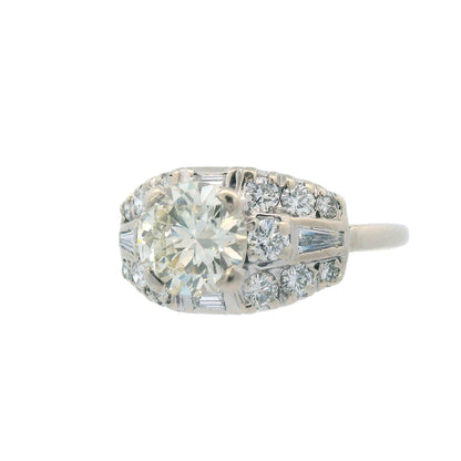 1950s Deco 14k White Gold and Round/Baguette Diamond Ring