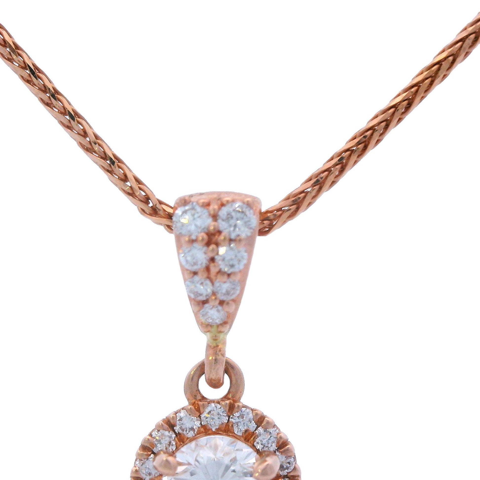 Contemporary 14k Rose Gold Diamond Drop Pendant w/ 18" Wheat Chain