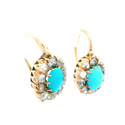 1880 Victorian Russian 14 Karat Gold Turquoise Diamond Drop Earrings