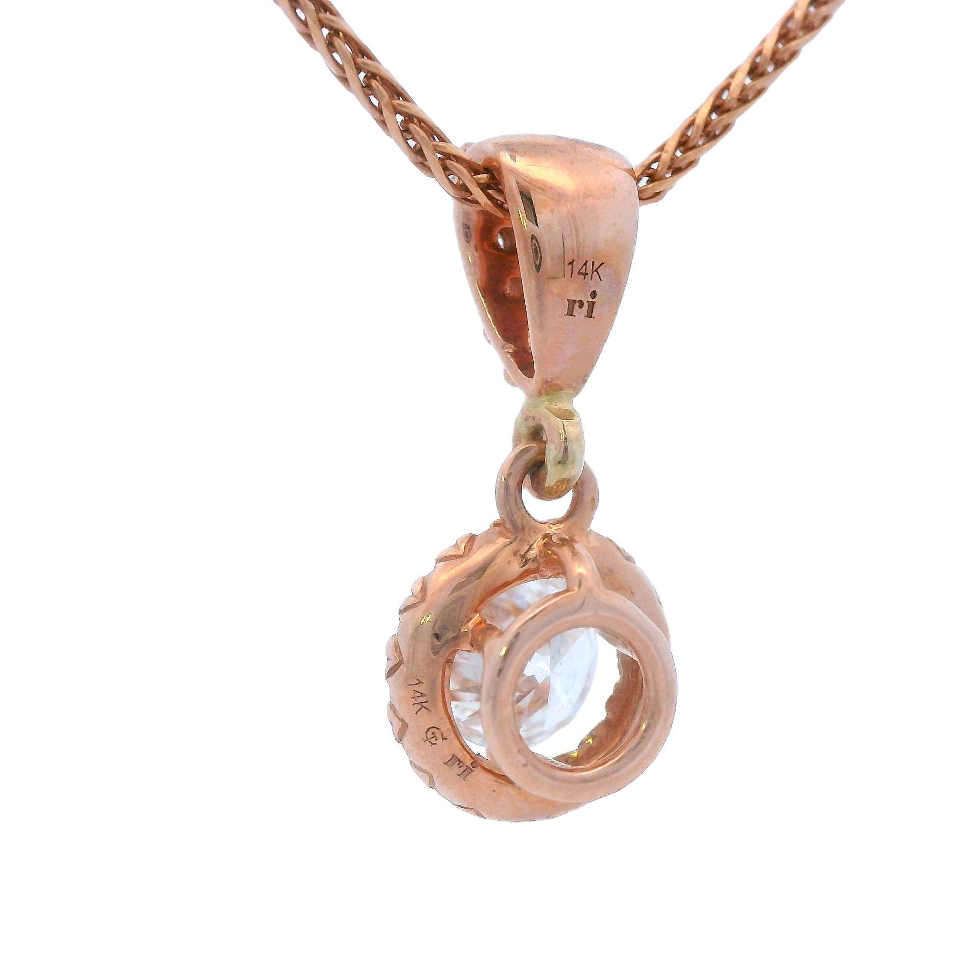 Contemporary 14k Rose Gold Diamond Drop Pendant w/ 18" Wheat Chain